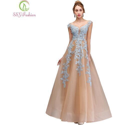 SSYFashion New Evening Dress The Banquet Elegant Champagne with Light Blue Lace Appliques V-neck Long Party Formal Gown