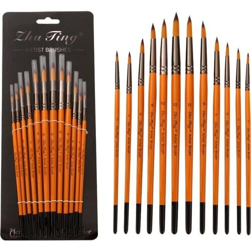 12pcs Pointed Round Artist Painting Brushes Set Nylon Hair Wood Holder for Acrylic Watercolor Oil Gouache Painting Art Supplies