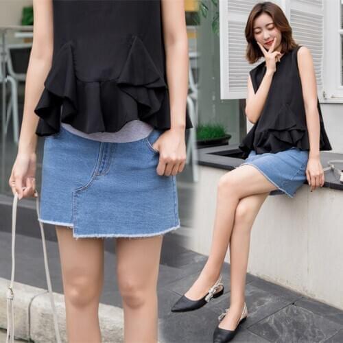 2020 Summer Irregular Pregnant Women Denim Skirts For hakama Style Light Blue A-line Pregnant Women Skirt with lining panties