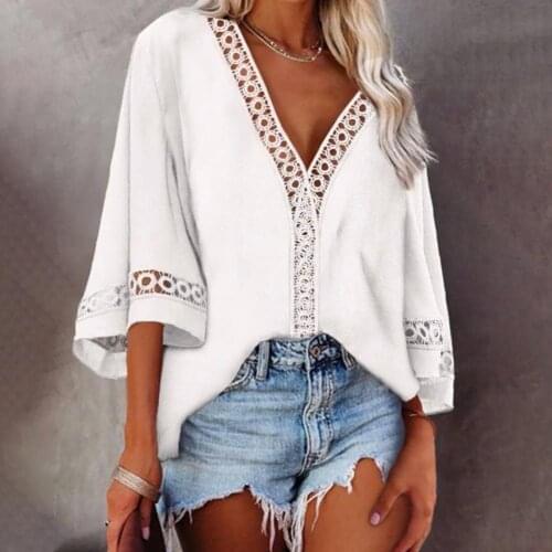 Solid Color Women Blouse Lady Shirts Sexy Hollow Out V-Neck Blouses for Women Casual 3/4 Sleeve Loose Tops Shirts femme Blousas