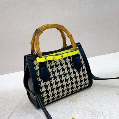 Brands Canvas Pu Splicing Shoulder Crossbody Bags for Women Houndstooth Bamboo Handle Women Handbag 2021 Designer Small Tote New