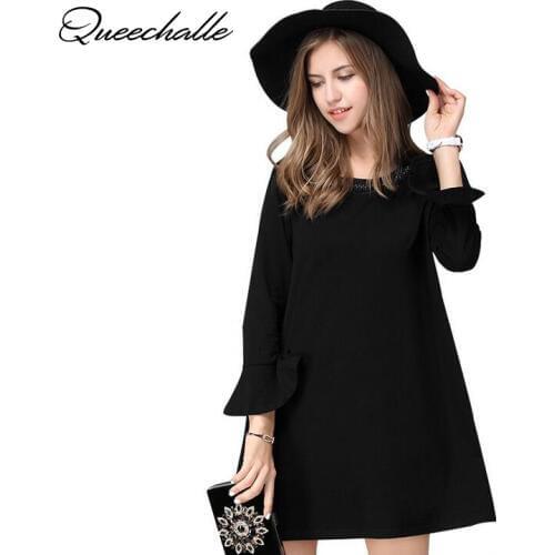 Queechalle Cute A-line Dress 2020 Spring Autumn Beading O-neck Long Sleeve Women Dress L XL XXL 3XL 4XL 5XL Plus Size Vestidos