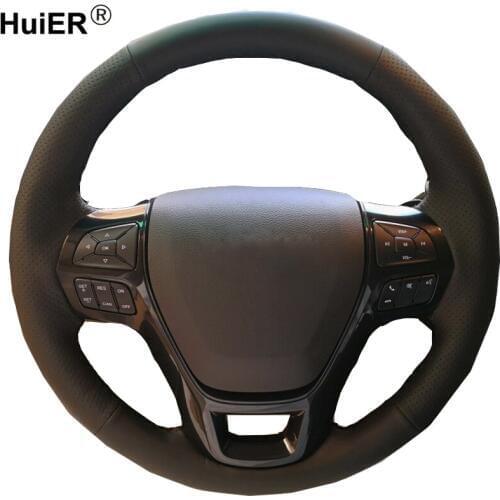 HuiER Hand Sewing Car Steering Wheel Cover Wear-resistant Car Styling Black Leather For Ford Explorer 2016-2018 steering wheel