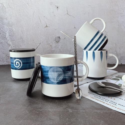 Classic Style Home Office Ceramic Mug with Lid Spoon Water Cup White Cyan Blue Printing Cup Milk Mug Coffee Cup Mugs