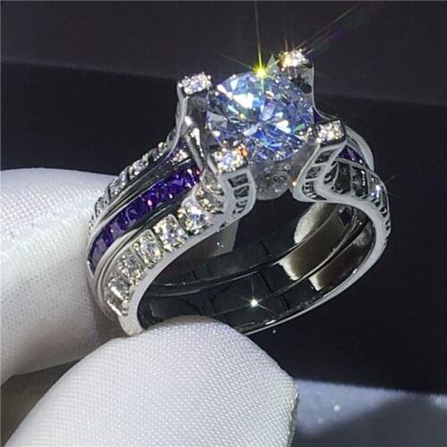 Classic ring Engagement Wedding Band Rings for women Purple AAAAA zircon cz White Gold Filled Female Bridal sets Jewelry