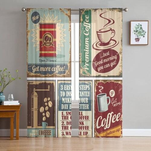 Coffee Poster Retro Sheer Curtains for Living Room Bedroom Kitchen Tulle for Windows Voile Yarn Curtains for Bedroom