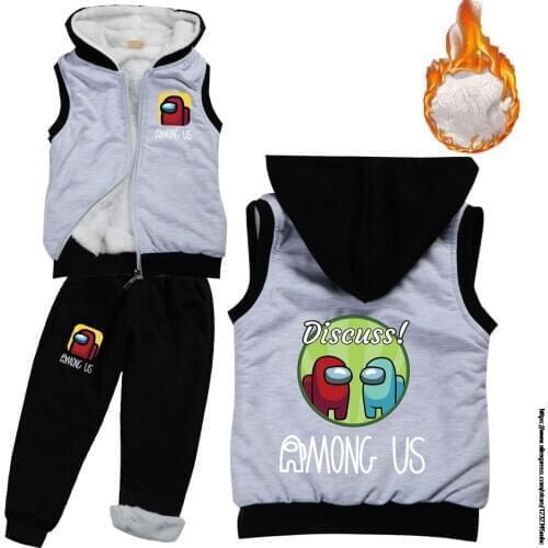 Game Among Us Kids Thickening Warm Hooded Vest+Pants 2Pcs Sport Suit School Boys Girls Winter Cartoon Children Tracksuit