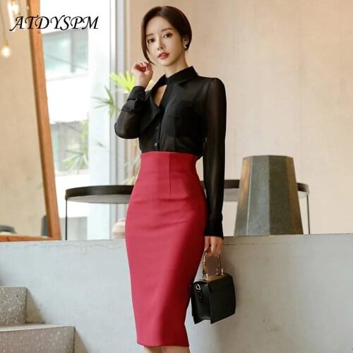 Womens Elegant Sexy Suit Sets Black Long Sleeve See-Through Chiffon Shirt + Fashion Wine Pencil Skirt Female Korean Style Suits