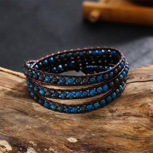 Natural Larimar Stone Genuine Leather Wrap Bracelets for Women Handmade Braided 3Strands Boho Bracelet Courage Female Jewelry