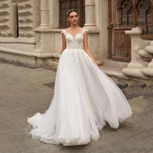 Thinyfull Summer Beach Boho A-Line Wedding Dresses Cap Sleeve Applique Lace Top Tulle Floor Length Custom Made Bridal Gowns