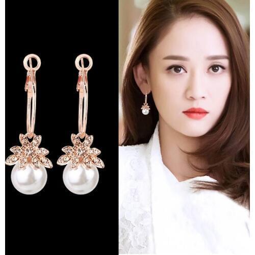 Fashion New Water Drop Round Pearl Stud Earrings For Women Classic Long Flower Crystal Earrings Girls Cute Jewelry For GIfts