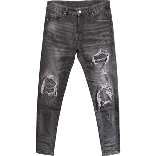 2021 New Fashion Men Jeans Retro Gray Wash Slim Fit Elastic Ripped Jeans Men Patches Designer Hip Hop Jeans Homme