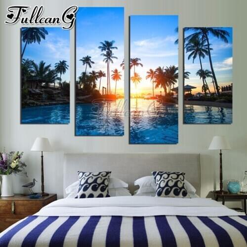 FULLCANG Sunset resort scenery 4 piece diy diamond painting full square round drill 5d mosaic embroidery sale home decor FC3282