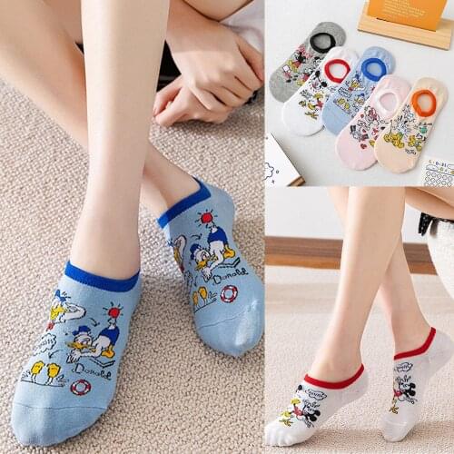 5 Pairs Kawaii Cartoon Women Socks Cotton Invisible Sock Cute Disney Mickey Minnie Mouse Donald Duck Girl Breathable Ankle Socks