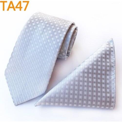 New Fashion Mens Ties Set Silver Checkers Grids Necktie with Pocket Square