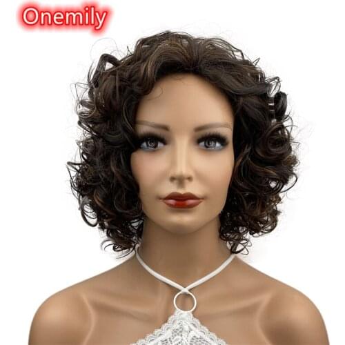 Onemily Short Wavy Wave Curly Heat Resistant Synthetic Hair Wigs for Women Girls with Bangs Party Evening Out Dark Brown Auburn