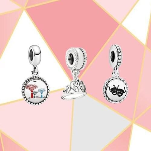 2021 High Quality New S925 Sterling Silver Flower City Charm Crown Pendant Black Enamel Drama Mask Charm Fashion Hot Sale