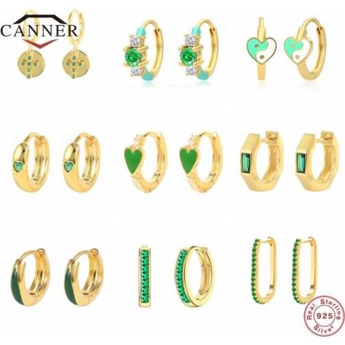 CANNER 925 Sterling Silver Green Zircon Crystal Huggie Hoop Earrings for Women Piercing Round Earring Fine Jewelry Pendientes