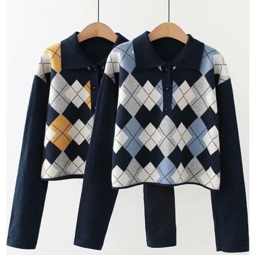 Argyle Jacquard Crop Sweaters Women Turndown Collar Knitted Short Pullover 2021 Winter Coat Perppy Girly Basic Daily Soft Jumper