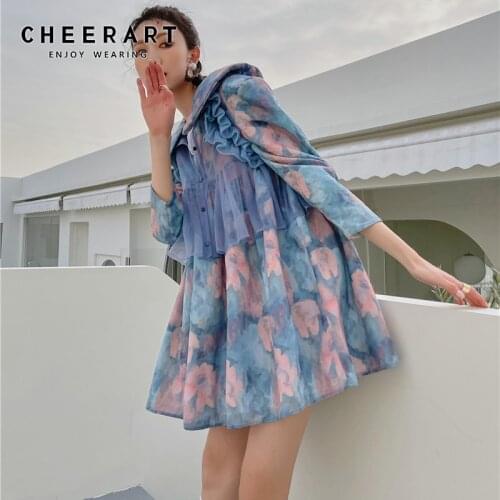 CHEERART Oil Painting Vintage Blue Spring Dress 2021 Fashion Women Designer Peter Pan Collar 3/4 Sleeve Lilac Babydoll Dress