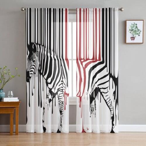 Funny Animal Zebra Paint Black White Tulle Window Treatment Sheer Curtains for Living Room the Bedroom Curtains Decoration