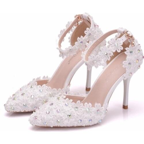Women sandals wedding Party Lace PU Rhinestones Buckle Strap 9CM Thin High heels Pointed Toe sandal women shoes size 35-42