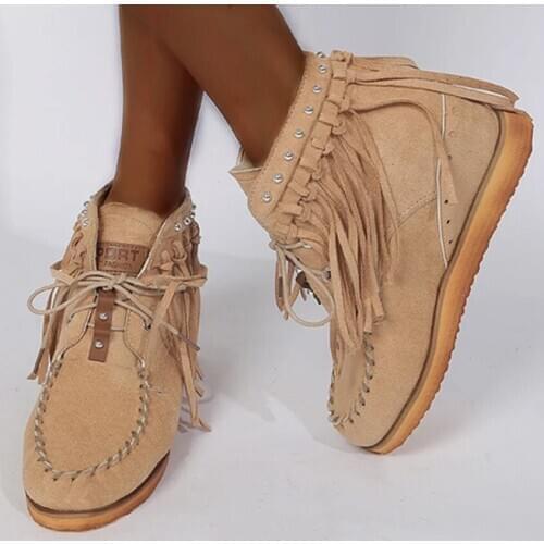 2020 ankle boots women shoes ladies round toe boots flat bottom lace-up tassel women boots winter boots