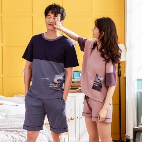Women and men new summer cotton Korean couple short sleeve shorts comfortable breathable casual two piece pajama sets pajamas