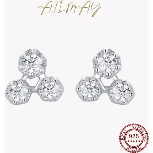 Ailmay Sparkling Clear Zircon Fashion 925 Sterling Silver Geometric Stud Earrings For Fine Female Fashion Fine Jewelry
