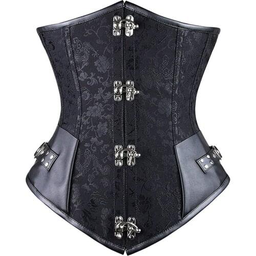 Steampunk Womens Gothic Sexy Steel Boned Faux Leather Halter Waist Training Underbust Top Jacquard Underbust Corset