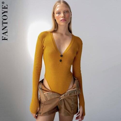 Fantoye Bodycon Deep V-neck Button Women Bodysuits Black Long Sleeve Sexy Knitted Bodysuits Women Autumn Skinny Fashion Jumpsuit