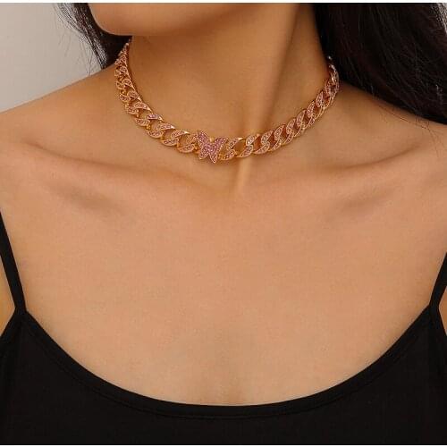 Bohemia Sparkly Rhinestone Butterfly Pendant Necklace for Women Summer Beach Gold Color Chunky Cuban Chain Chokers Necklaces