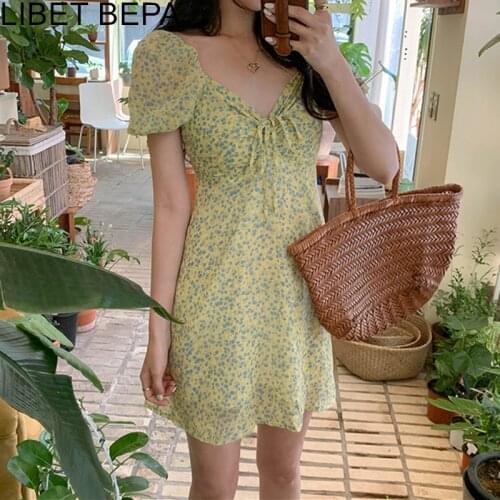 2021 New Summer Women Dresses Holiday V-Neck Bare Shoulder High Waist Print Floral Sexy Casual Chiffon Vintage Mini Dress DR3137