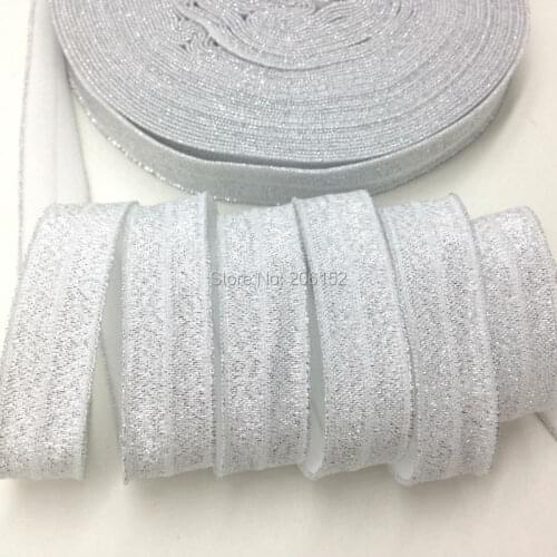 10yards/lot 5/8" Silver Metallic White Fold Over Elastic Silver Sparkling Glitter FOE Ribbon for DIY Headwear Hair Accessories