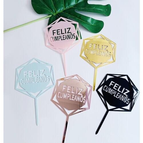 Acrylic Cake Toppers Feliz Cumpleaños Spainish Happy Birthday Cupcake Cake Topper Flags Baby Shower Decor Baking DIY Kids Party