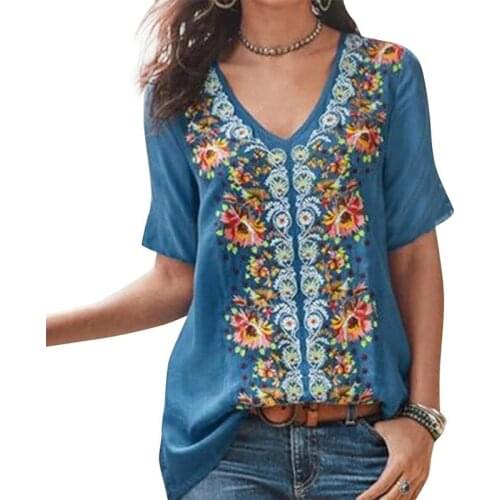 Plus Size 5XL Shirt Blouse Female 2021 Spring New Tops V-Neck Sleeve Lace Splice Print Boho Women Shirt