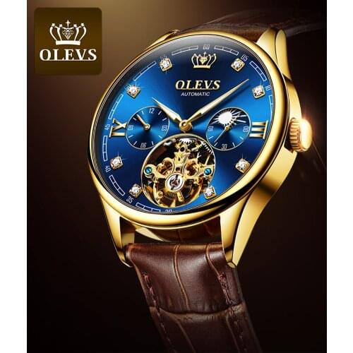 Mechanical watch man OLEVS luxury brand automatic perspective flywheel watch for men casual gold/blue/ waterproof watch male