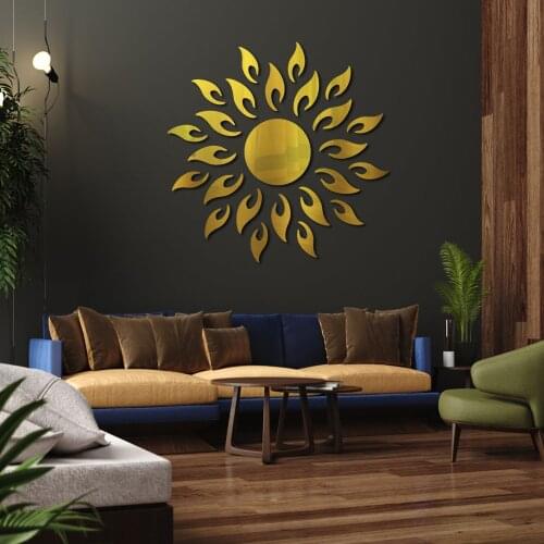 Gold Silver Black Personality Fire Sun Flower Shape Living Room Bathroom Adhesive Acrylic Mirror Wall Stickers Home Decoration
