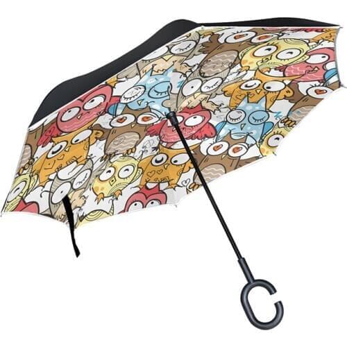 Drop Shipping Owl Windproof Reverse Folding Double Layer Inverted Chuva Umbrella Self Stand Rain Protection C-Hook Hands For Car