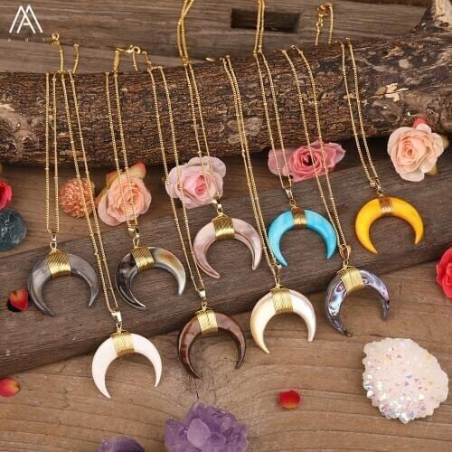Natural Shell Ox Horn Pendant Gold Tennis Chains Necklace For Women Crescent Moon Abalone Shell Adjustable Necklace Jewelry