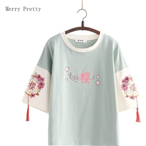 Floral Embroidery Harakuju T-Shirts Women 2021 Summer Short Sleeve O-neck Sweet Style Female Basic Cotton Kawaii Tops