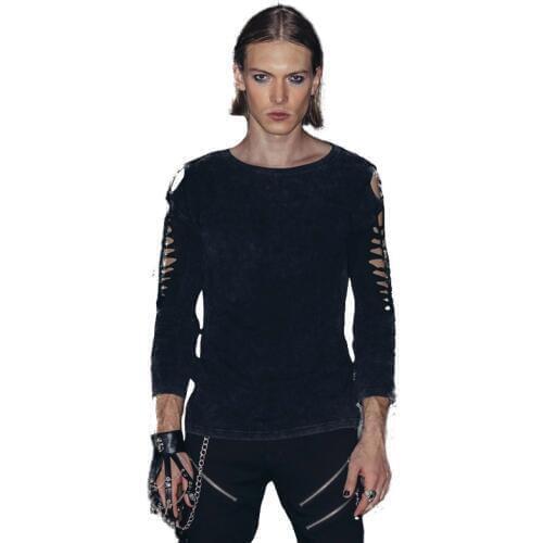 Steampunk Mans T-shirts Long Sleeve Cotton Topd Tees Gothic Punk Personality Hole Tshirt Men Knitwear Fitness Clothing