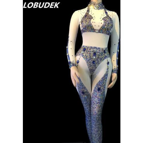 Colorful Rhinestones Jumpsuits White Mesh Perspective Jumpsuit Sexy Women Nightclub Singer Stage Wear Party Celebration Costumes