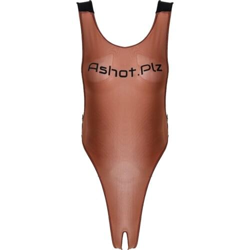 Swimsuit Women Swimwear O Neck Sleeveless Color Contrast See-Through Front Letters Print High Cut Open Crotch Jumpsuit Bodysuit