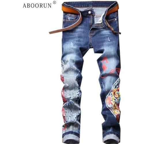 ABOORUN Mens Fashion Graffiti Printed Jeans Elastic Scratched Straight fit Denim Pants Streetwear for Male