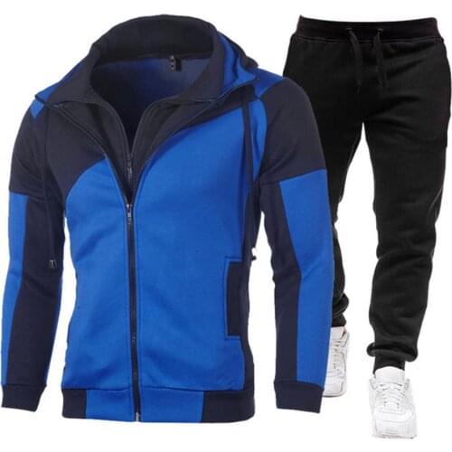 Men Tracksuit Set 2021 Color Block Hooded Sweatshirt Pants Set 2 Pieces Long Sleeve Drawstring Warm Tracksuit Set for Sports