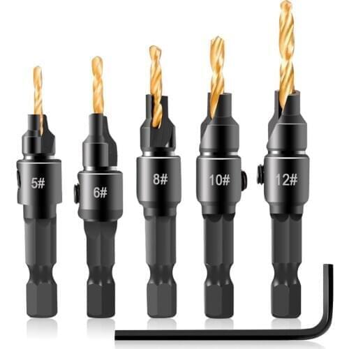 6pcs Woodworking Drill Bit Set Countersink Drill Hex Shank Drill Bit Drilling Pilot For Screw Sizes #5/6 /8/10/12 Carpentry Tool