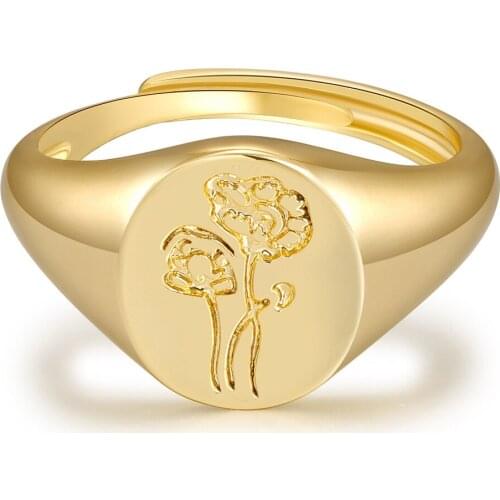 Personalized Birth Flower Ring 18K Gold Custom Dainty Everyday Statement Stacking Ring | Minimalist Engraved Adjustable Ring