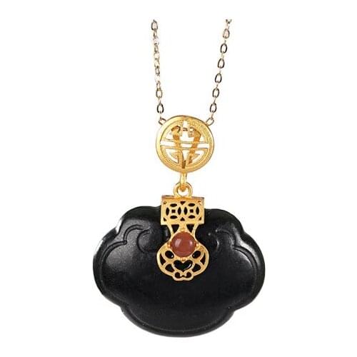 S925 sterling silver gold-plated natural Hetian jade dark jade set chain retro Ruyi Fu pattern sweater chain pendant