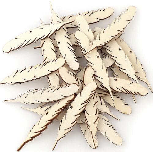 50Pcs 80mm Long DIY Hollow Feather Wooden Chips Decorative Hemp Rope Embellishments Crafts Scrapbook Hand-made Graffiti Buttons